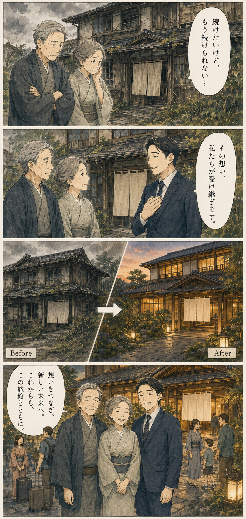 旅館オーナーの想いを描いた4コマ漫画